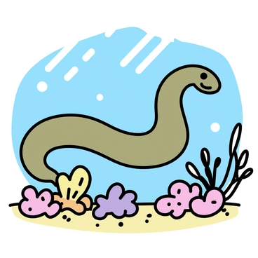A moray eel with greenish-brown skin is swimming gracefully amidst a vibrant underwater meadow. The scene is filled with colorful anemones in shades of pink, purple, and orange, swaying gently with the currents. Surrounding the eel are soft corals in various forms, blending hues of pastel blue and yellow. The sunlight filters through the water, creating a dappled effect on the sandy ocean floor below.