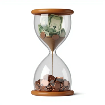 An hourglass with a transparent glass structure and a wooden base. Inside, the upper chamber is filled with various banknotes in different denominations, flowing downwards like sand. The bottom chamber is filled with a mixture of coins, including pennies, nickels, dimes, and quarters, creating a shiny metallic surface. The overall design of the hourglass is elegant, and the bills have vibrant colors while the coins glimmer under light. The hourglass is positioned on a smooth wooden table.