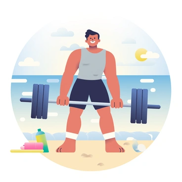 A person with tan skin and short black hair is performing a deadlift on a sandy beach. They are wearing a fitted gray tank top and black shorts. The individual has a determined expression on their face as they lift a heavy barbell from the ground. The ocean waves can be seen in the background, gently lapping against the shore. The sky is clear with a few scattered clouds, and the sun casts warm light on the scene, creating shadows on the sand. A beach towel and a water bottle are placed nearby on the sand.