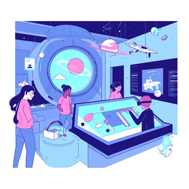 A group of visitors, including children and adults, are engaging with various interactive exhibits within a futuristic science museum. One exhibit features a large, circular touchscreen display that showcases vibrant holographic images of planets and galaxies. Nearby, another interactive installation allows visitors to experiment with virtual reality headsets, transporting them to an immersive digital environment. The walls of the museum are adorned with sleek, luminescent panels and intricate geometric designs. Above, a series of suspended displays showcase advanced technology and scientific models, creating a dynamic atmosphere of exploration and discovery.