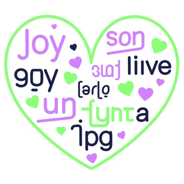 A heart shape is centered in the image. The heart is filled with words representing various emotions. Each word is clearly labeled and arranged throughout the heart, creating a tapestry of feelings. The words include "joy," "sadness," "anger," "love," "fear," and "hope," each placed in distinct areas within the heart. The outline of the heart is in green, and the words are in purple for contrast. The overall composition is balanced, allowing each word to be easily readable while maintaining the heart's shape.