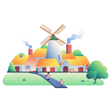 A small village is depicted with thatched-roof cottages clustered together. In the center stands a tall, white windmill with wooden blades, turning slowly in the breeze. Smoke is rising from several brick chimneys on the rooftops, curling upwards into the sky. The village is bordered by lush green fields and a few trees scattered throughout. In the foreground, a cobblestone path winds through the village, leading to the windmill. A few villagers can be seen walking along the path, engaged in their daily activities.
