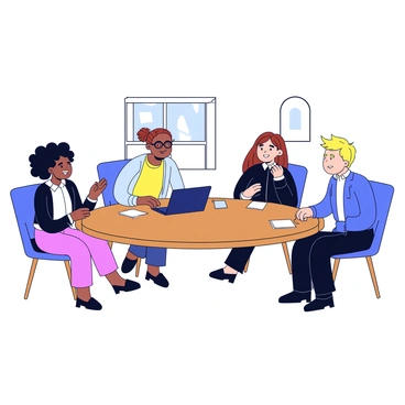 A conference table with a polished wooden surface is surrounded by a group of diverse team members. There are four people at the table: a woman with curly black hair, a man with glasses and a short beard, a woman with straight brown hair tied in a bun, and a man with short blond hair. Each person is engaged in conversation, facing each other with expressions of focus and enthusiasm. One person is gesturing with their hands while another is taking notes on a notepad. On the table, there are a few scattered papers and a laptop open in front of one of the team members. The setting has a contemporary feel, with light streaming in from a window nearby.