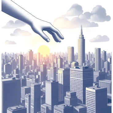 A large hand is positioned above a vibrant cityscape. The hand appears to be protectively hovering over the multitude of buildings below. The city is filled with a variety of structures, including skyscrapers and smaller buildings, all densely packed together. The sunset casts intricate shadows across the streets and rooftops, highlighting the bustling activity of people and vehicles moving through the city. The sky is filled with dramatic cloud formations, enhancing the atmosphere of the scene.