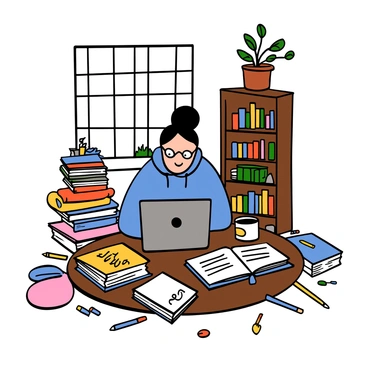 A person with light skin and short black hair sitting at a wooden table in a cozy room, focused on a laptop in front of them. They are wearing a blue hoodie and glasses. Scattered around them are various study materials, including notebooks, textbooks, and pens. There is a cup of coffee next to the laptop. A bookshelf filled with books is visible in the background, along with a potted plant on the windowsill letting in natural light.