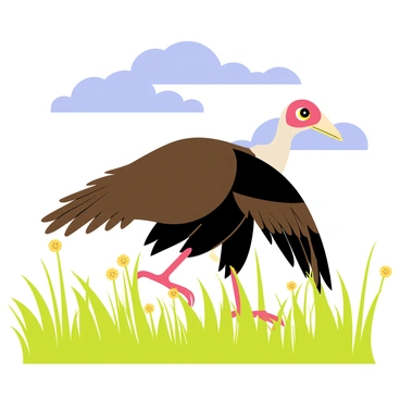 A turkey vulture with a dark brown and black plumage is walking through a field of tall green grass. The vulture has a distinctive red head and a hooked beak. The grass around it is swaying gently in the breeze, with some wildflowers adding splashes of color. The sun casts soft shadows on the ground, enhancing the scene’s depth. The sky above is clear and blue, providing a vibrant backdrop to the vulture’s movements.