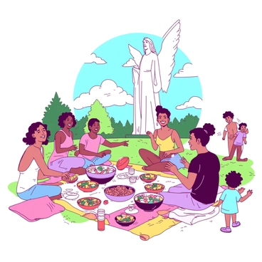 A vibrant gathering is taking place at the base of the "Angel of the North," which towers majestically in the background. Groups of people are seated on colorful picnic blankets, sharing stories and laughter. A variety of dishes are laid out on the blankets, including bowls of salads, sandwiches, and desserts. Some individuals are animatedly gesturing while sharing their tales, their expressions filled with joy. Nearby, children are playing with a small frisbee, adding a lively dynamic to the scene. The sky above is clear, allowing sunlight to illuminate the event, creating a warm and inviting atmosphere.