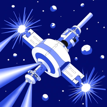 A space station orbits in the vastness of space, surrounded by a dense field of asteroids. The station features a series of laser turrets positioned strategically along its outer edges, aimed menacingly at the incoming asteroids. Each turret is equipped with a long barrel and a complex array of sensors and targeting systems. Bright beams of energy are emanating from the turrets, striking the asteroids and creating bursts of light upon impact. The asteroids vary in size and shape, some tumbling and others moving in direct trajectories towards the station. The backdrop is filled with distant stars, adding to the sense of isolation and danger in this extraterrestrial environment.