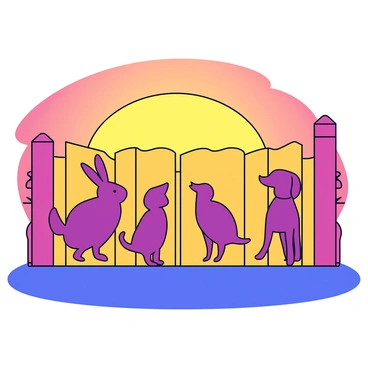 A wooden fence with vertical slats is illuminated by the warm glow of a setting sun in the background. On the surface of the fence, various shadow puppets are displayed, including a rabbit, a bird, and a dog, all created by a child's hands. The shadows are sharp and clearly defined, contrasting with the soft light of the sunset. The sky is a gradient of orange, pink, and purple hues, enhancing the scene's warmth.