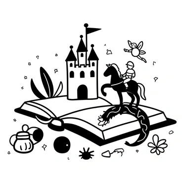 An open storybook lying on a wooden table, with its pages fluttering as if caught in a breeze. From the pages, a castle towers in intricate detail, with turrets and banners. A knight in shining armor stands beside a majestic horse, both depicted in rich detail. A fairy with delicate wings hovers nearby, surrounded by sparkling stars. A dragon curls around the edges of the pages, its scales textured. Surrounding the book are scattered quills and ink pots, enhancing the magical atmosphere.