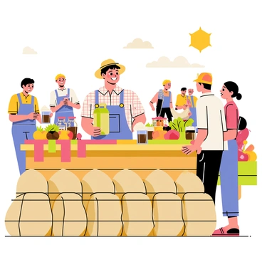 A farmer stands behind a wooden market stall filled with burlap sacks of coffee beans. The stall is adorned with colorful banners and displays jars of freshly brewed coffee samples. The farmer, wearing a plaid shirt and a straw hat, smiles as he interacts with enthusiastic customers. In the background, there are various market-goers examining fruits and vegetables, with vibrant produce displayed on nearby tables. A sunny sky can be seen above, adding to the lively atmosphere of the bustling local market.