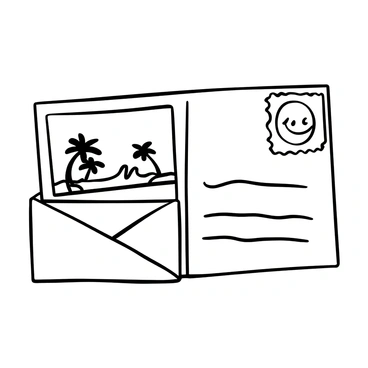 A stamp featuring a "smiley face" design is placed in the corner of a postcard. The postcard has a scenic illustration of a beach in the background, with palm trees and waves. There are lines on the postcard for the recipient's address, and a neatly written message is visible in a cursive font. An envelope is partially visible, suggesting it's ready to be mailed.
