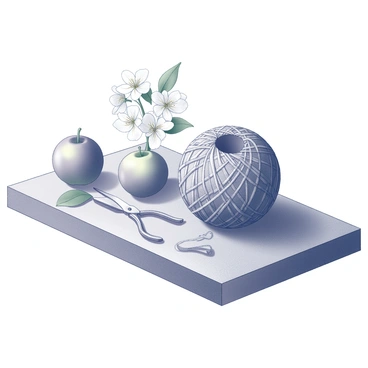 A round ball of yarn rests on a crafting table. The yarn is textured, showcasing its intricate fibers. Nearby, delicate apple blossoms are arranged, with soft petals and green leaves. The crafting table is wooden, featuring a natural, textured surface. Scissors and a crochet hook are placed nearby, suggesting tools for the creative session. Each element adds to the inviting atmosphere of a cozy crafting environment.