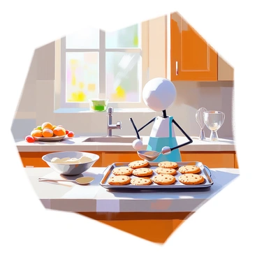 A stickman figure with a simple round head and thin limbs is standing in a cozy kitchen, wearing a light blue apron. The stickman is focused on a baking tray filled with freshly baked cookies, which are golden brown and slightly warm. The kitchen is adorned with wooden cabinets, a countertop made of light-colored wood, and a bowl of cookie dough nearby. A window allows soft sunlight to filter in, illuminating the scene. Kitchen utensils, such as a whisk and measuring cups, are scattered around the countertop, adding to the homey atmosphere.