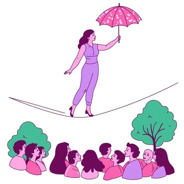 A pink tightrope walker is balancing gracefully on a thin rope. The walker is dressed in a light purple outfit that follows the curves of their body. In their right hand, they hold a beautifully patterned parasol that is open, creating a vivid contrast against the sky. Below the tightrope, there are vibrant green trees framing the scene, while a cheerful crowd watches in awe from the ground, their faces visible in excitement. The overall composition captures a moment of perfect balance and poise.