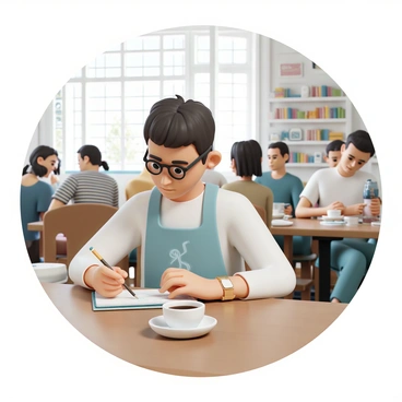 A busy cafe filled with various patrons chatting and enjoying their drinks. In the foreground, an artist, wearing a light blue apron and round glasses, sits at a small wooden table. The artist is focused on a sketchpad, using a pencil to draw. A steaming cup of coffee, with a small ceramic saucer, rests next to the sketchpad. The background features shelves filled with books and colorful artwork on the walls, while sunlight streams through large windows, illuminating the warm atmosphere of the cafe.