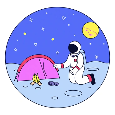 An astronaut in a white space suit is setting up a small camping area on a rocky surface of a distant moon. The astronaut is kneeling next to a compact, foldable tent with bright red accents. Above, a vibrant star-filled sky stretches out, displaying numerous twinkling stars and a large, glowing planet visible on the horizon. The moon's surface has various craters and boulders scattered around, creating an intriguing landscape. A small campfire is lit nearby, casting a warm glow on the astronaut's visor.