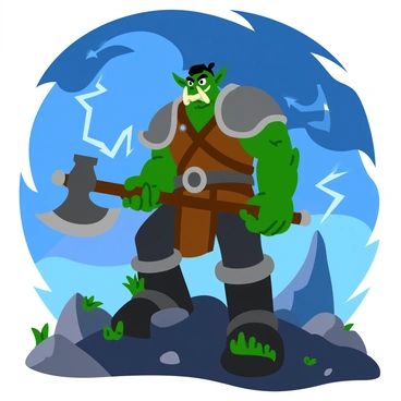A fierce orc warrior standing tall on a rocky hill. The warrior has green skin, prominent tusks, and fierce, determined eyes. He is clad in rugged armor made of leather and metal, showcasing intricate details. In his hands, he wields a massive battle axe with a jagged blade, reflecting the dim light of the stormy sky. Dark clouds swirl overhead, with occasional flashes of lightning illuminating the scene. The rocky terrain is scattered with pebbles and sparse grass, enhancing the rugged atmosphere.