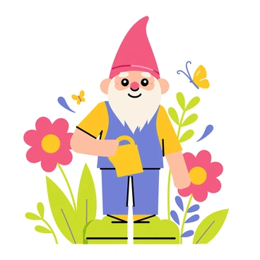 A cheerful garden gnome with a bright red hat and a blue vest is standing in the center of a vibrant garden. The gnome has a broad smile and a white beard, holding a small yellow watering can. Surrounding him are large, colorful blooming flowers in shades of pink, yellow, and purple. Green leaves and stems fill the background, creating a lively atmosphere. A few butterflies in various colors flutter near the flowers, enhancing the cheerful scene.
