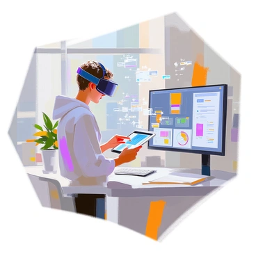 A researcher with light skin and short, curly hair is wearing black VR goggles as they prepare to set up a virtual survey environment. They are standing in a modern office filled with technology, surrounded by computers and large monitors displaying data. The researcher is focused on a digital tablet in their hands, which shows a layout of the virtual space. Various holographic elements can be seen floating in the air around them, representing different aspects of the survey. The office has a sleek design, with a large window showing a cityscape in the background.