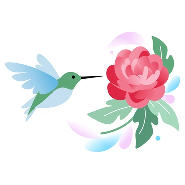 A hummingbird is hovering in front of a vibrant carnation flower. The hummingbird's wings are a blur as it flutters in place, poised to sip nectar from the flower. The carnation has lush, layered petals that display bright shades of pink and red, creating a striking contrast with the bird. Surrounding the flower, there are green leaves that enhance the vivid colors of the scene. A soft, gradient pastel background complements the vibrant hues of the hummingbird and carnation.