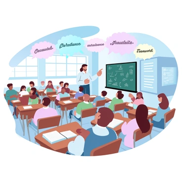 A classroom filled with students seated at wooden desks, each focused on their own activities. Some students are taking notes while others are reading books or discussing among themselves. Natural light streams through large windows, illuminating the space. A teacher stands at the front, pointing towards a chalkboard filled with diagrams and motivational quotes. Above the students, colorful thought bubbles illustrate various life lessons, such as "perseverance," "kindness," and "teamwork." The walls are decorated with educational posters and student artwork, creating an encouraging learning environment.