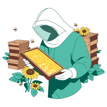 A teal beekeeper is wearing a white protective suit and a veil, carefully inspecting wooden frames filled with golden honeycomb. The beekeeper holds one frame in both hands, tilting it slightly to observe the glistening honey inside the hexagonal cells. Several bees are visible, flying around the frames and landing on the beekeeper's suit. In the background, there are stacked wooden beehives, some with vibrant yellow sunflowers growing nearby, creating a natural and lively environment for the bees.