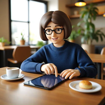 A person with short brown hair, wearing a blue sweater, is sitting at a wooden table in a cozy cafe. The cafe has warm lighting and plants in the background. The person is focused on a tablet placed on the table in front of them. They have a cup of coffee beside the tablet and are tapping on the screen, indicating they are signing up for a newsletter. A small plate with a pastry is also on the table, adding to the inviting atmosphere.