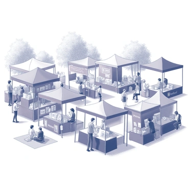 An outdoor book festival taking place in a park setting. Numerous stalls are arranged in a semi-circle, each displaying a variety of "illustration books." People of all ages are browsing the stalls, some engaged in conversations with vendors. There are colorful banners and canopies shading the stalls. Tables are filled with stacks of books, and a few books are open, showcasing their illustrations. In the background, trees provide natural shade, while a small stage features an author reading from a book. Attendees are seated on blankets or chairs, enjoying the atmosphere of the festival.