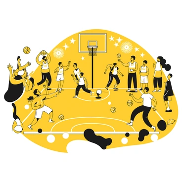 A basketball court filled with excitement during halftime. Several young fans are competing in a dribbling contest, showcasing their skills. Each child is dribbling a basketball with determination, wearing casual sports clothing. Some are focused on the ball while others are cheering for their friends. A scoreboard can be seen in the background, indicating the halftime period. A few spectators are clapping and encouraging the participants, with bright lights illuminating the court.