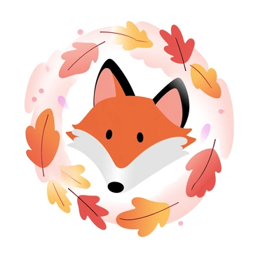 A fox head is emerging from a swirl of orange, red, and yellow autumn leaves. The leaves are in various shapes and sizes, creating a dynamic motion around the fox. The fur of the fox is bright orange with white accents, contrasting against the vibrant colors of the leaves. The background is filled with hints of more leaves scattered throughout, enhancing the feeling of seasonal change. The overall scene captures the essence of autumn with its rich and warm color palette.