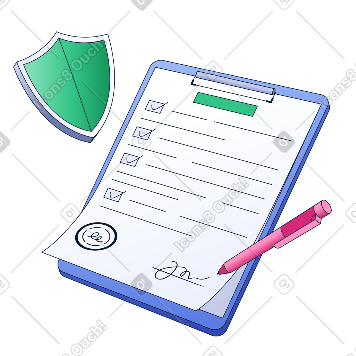 Certified document with shield, legal verification and compliance illustration in PNG, SVG