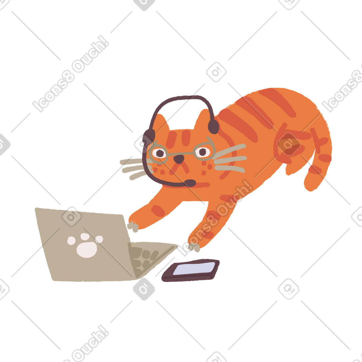 Cat working on laptop with headset, Remote support concept illustration in Ginger style download in PNG, SVG