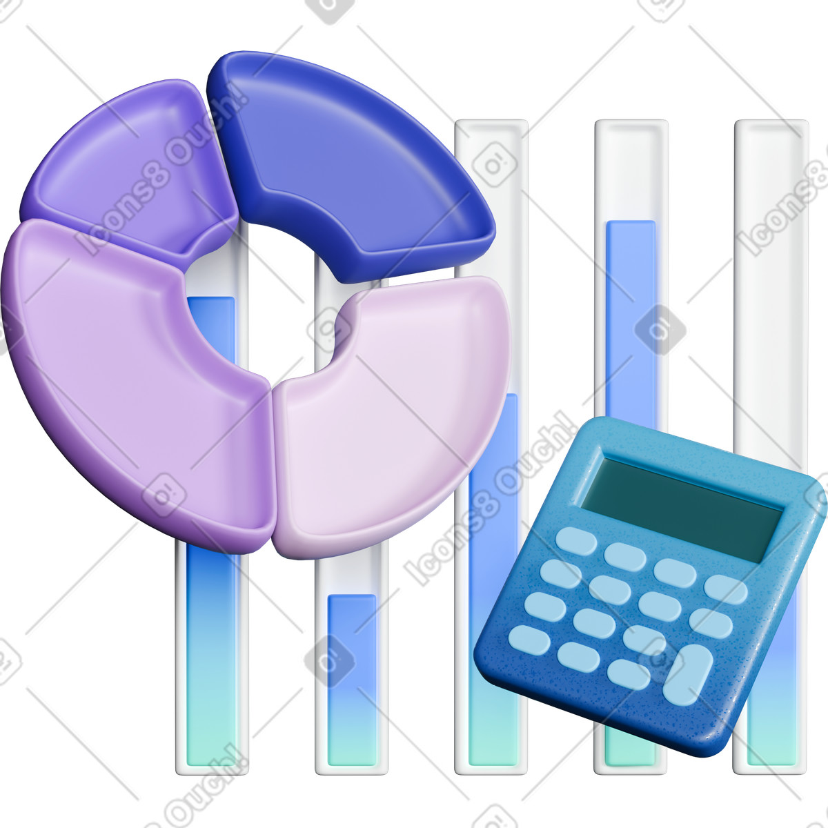 3D Business スタイルの Calculator with colorful pie chart and vertical data progress bars のイラストをPNG、SVG形式でダウンロード