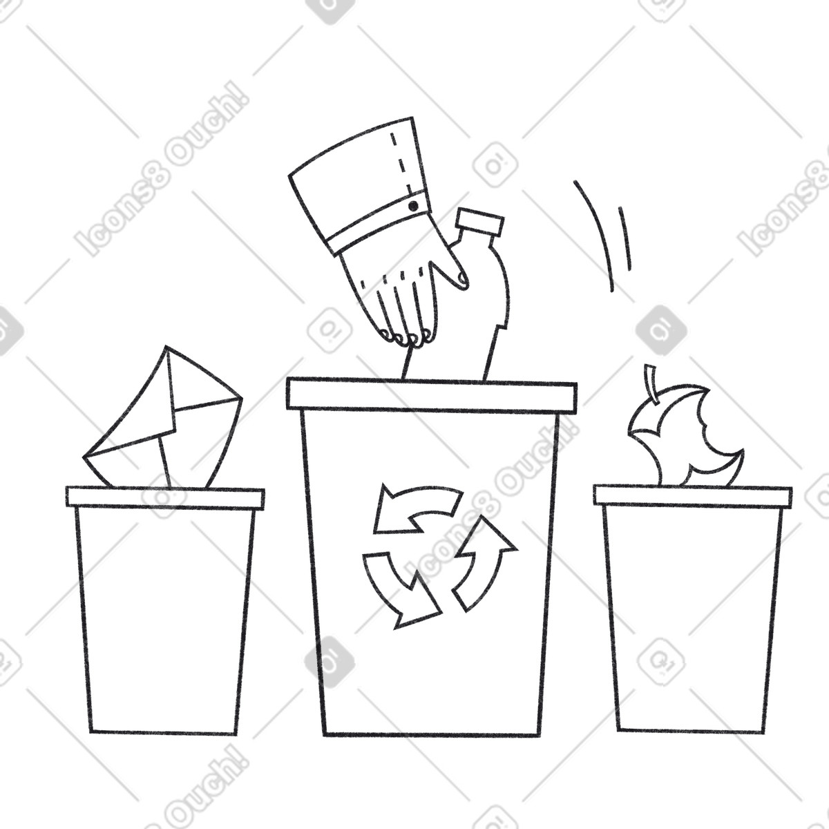 Illustration Collecte séparée des déchets : papier, plastique et organiques dans le style Bonbon Line à télécharger aux formats PNG, SVG