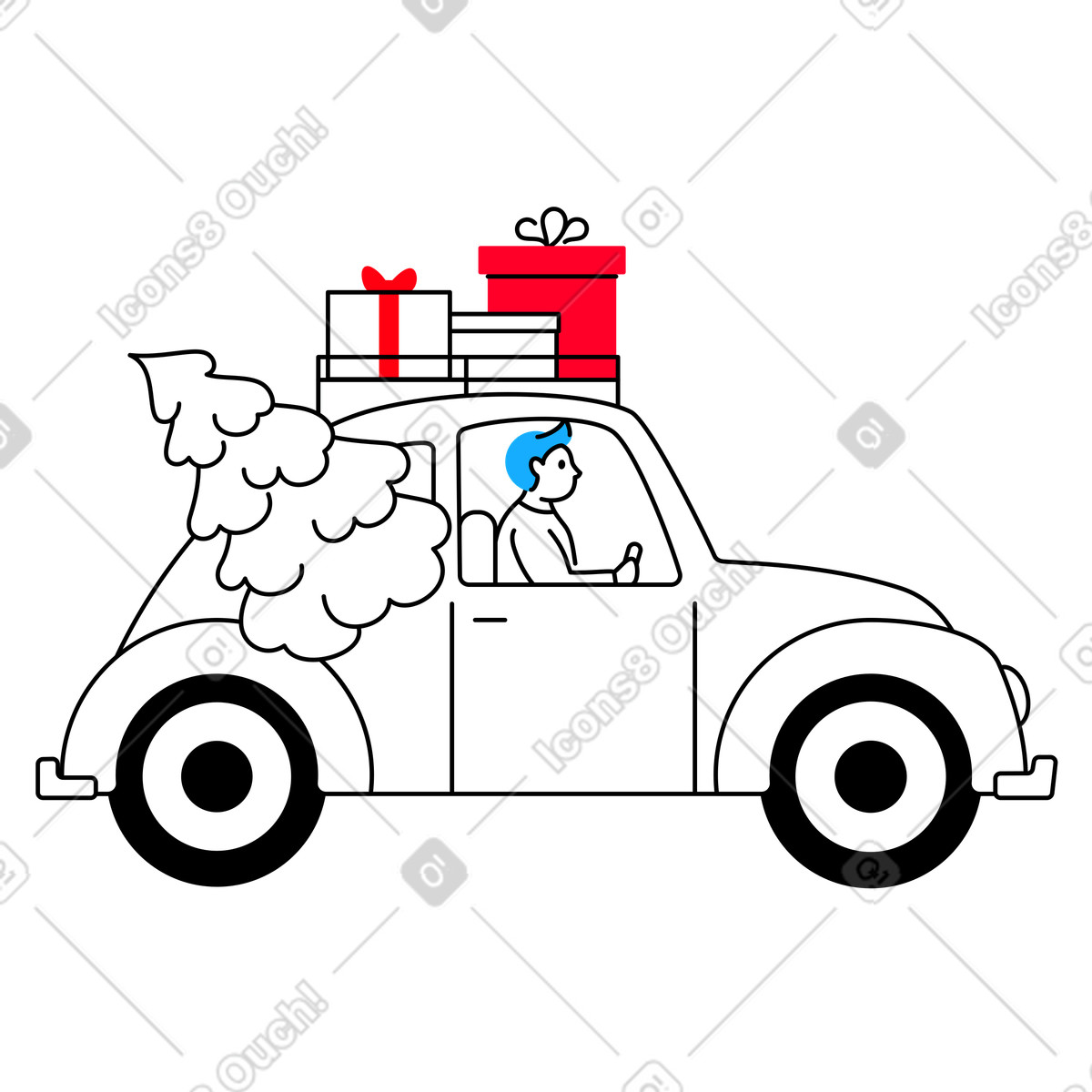 Man driving car full of christmas gifts and tree animated illustration in Transistor style download in GIF, Lottie (JSON), AE