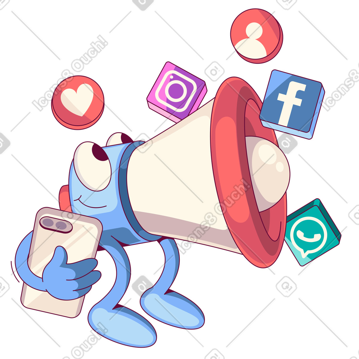Megaphone character with phone and social media icons, Brand awareness marketing promotion illustrazione in stile Handy scarica in PNG, SVG