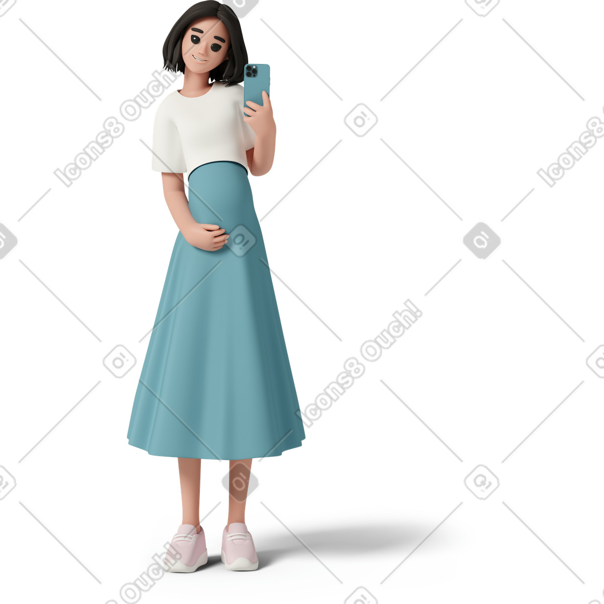 下载 3D Casual life 风格的 Pregnant woman taking selfie on smart phone 插画，支持 PNG、SVG 格式