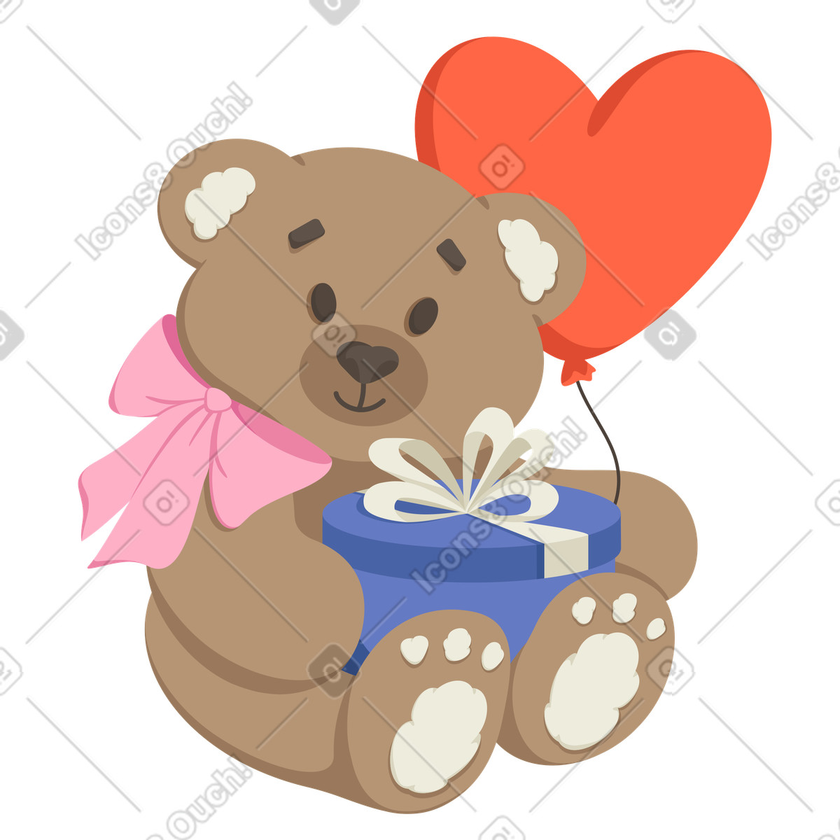 Teddy bear with a gift and heart balloon illustration in Social style download in PNG, SVG