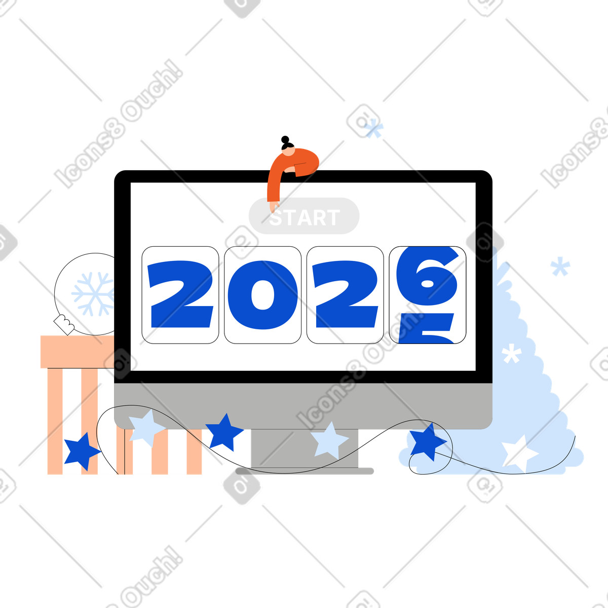 Tiny 스타일의 2026년 새해 카운트다운, 새해를 시작하는 젊은 여성 일러스트레이션 PNG, SVG 다운로드