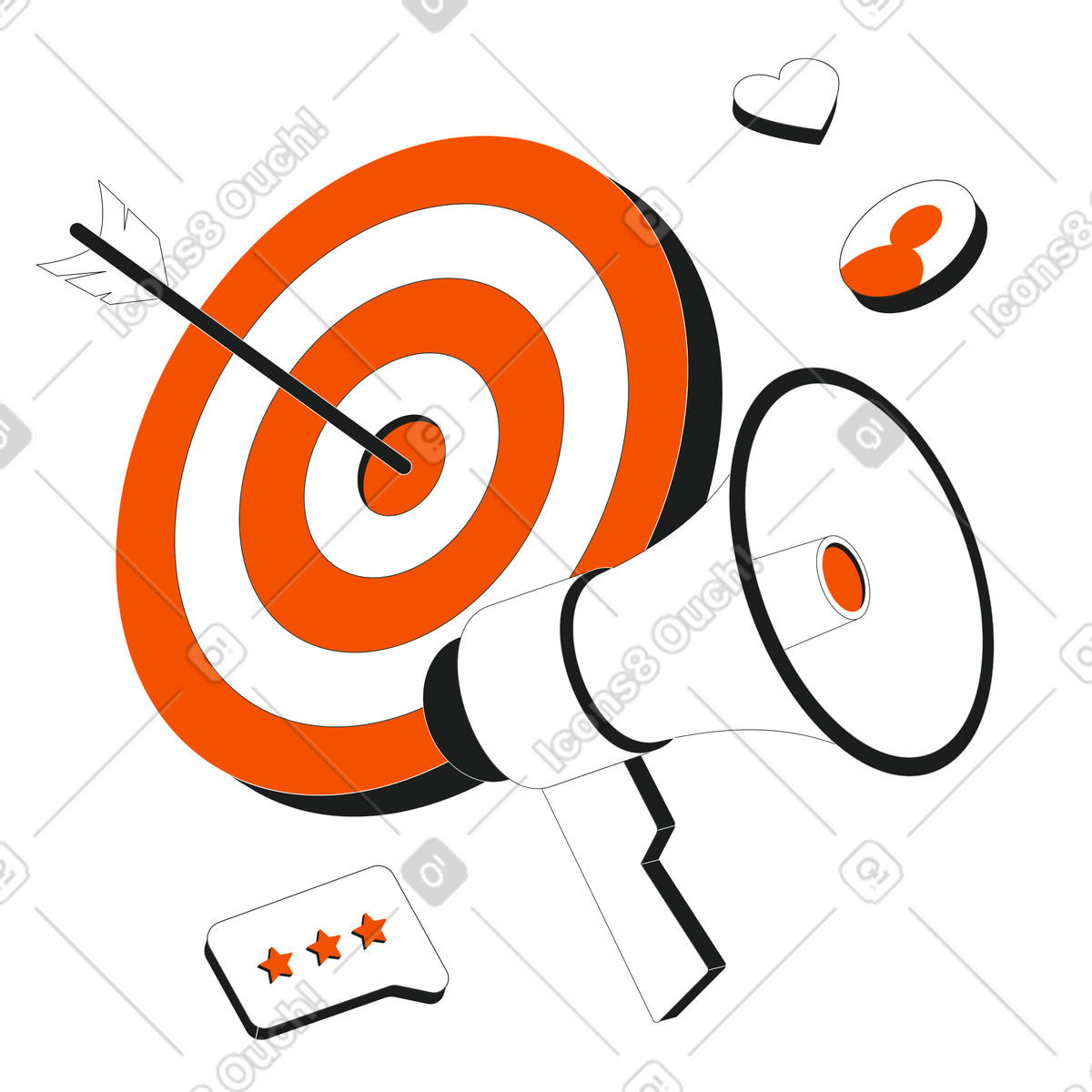 Ilustración Target with arrow, loudspeaker, and social media icons, Audience targeting for digital ads en estilo Strict a descargar en PNG y SVG