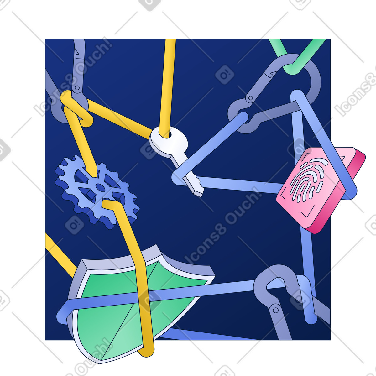 Shield, Key, and Fingerprint for Security animated illustration in GIF, Lottie (JSON), AE