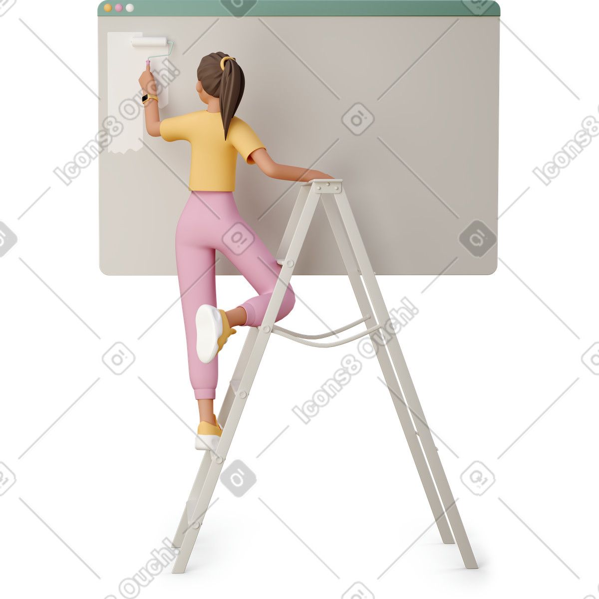 Ilustração de Young woman painting website white with paint roller em no estilo 3D Casual life para baixar em PNG, SVG