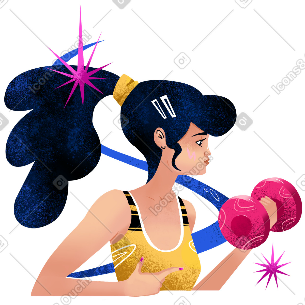 Serious woman with black hair lifting dumbbell illustration in Flare style download in PNG, SVG