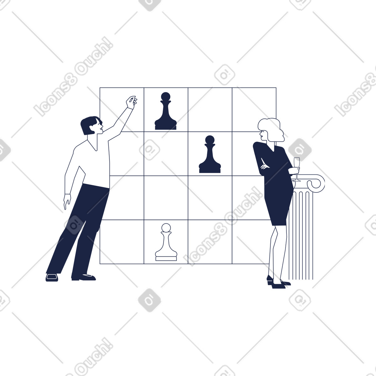 Team brainstorming with chess pieces, Leadership and analytical skills development illustration in Urban Line style download in PNG, SVG