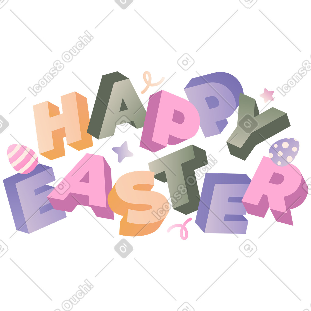 Colorful Happy Easter text with stars and eggs, Festive celebration banner illustrazione in stile Coworking scarica in PNG, SVG