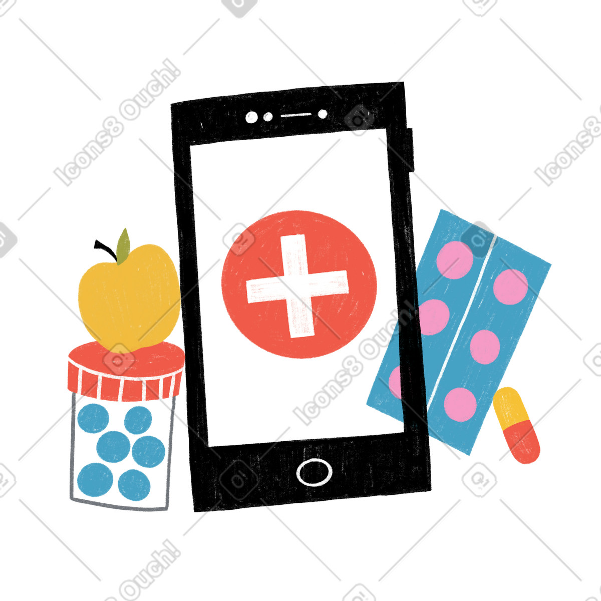 Ilustração de Phone with online medicine service pills and apple em no estilo Tutti para baixar em PNG, SVG