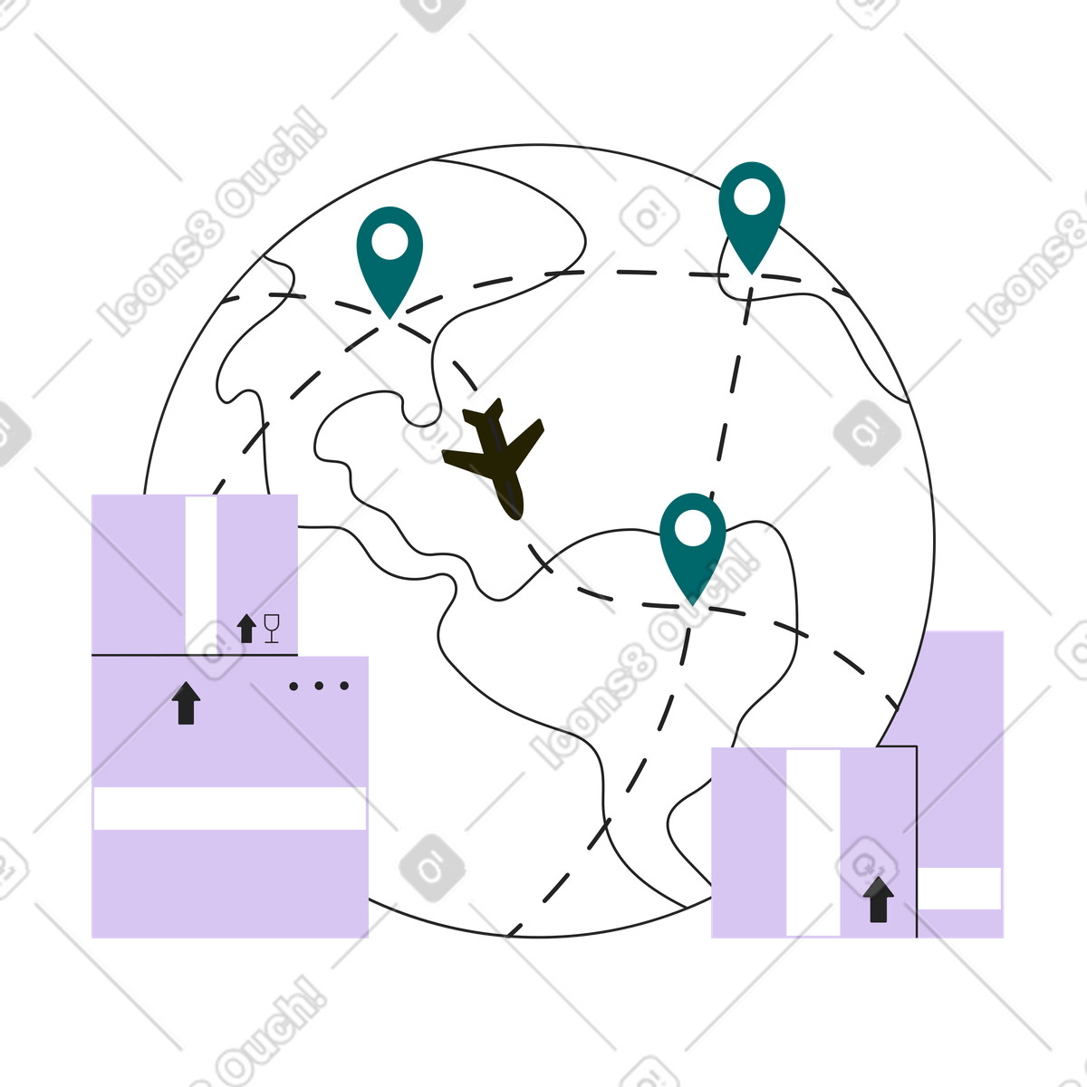Earth with shipment routes and boxes, International shipping global export illustration in Sammy Line style download in PNG, SVG
