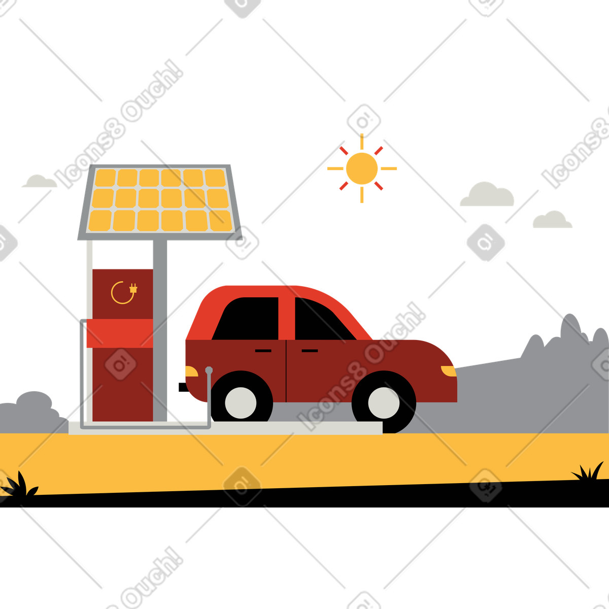 Burgundy car powering with solar energy at charging station illustration in style download in PNG, SVG