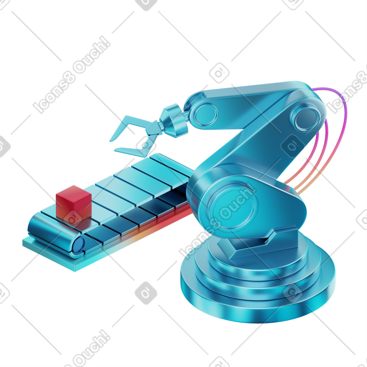 Industrial manufacturing with robotic arm and conveyor animated illustration in 3D Glare style download in GIF, Lottie (JSON), AE